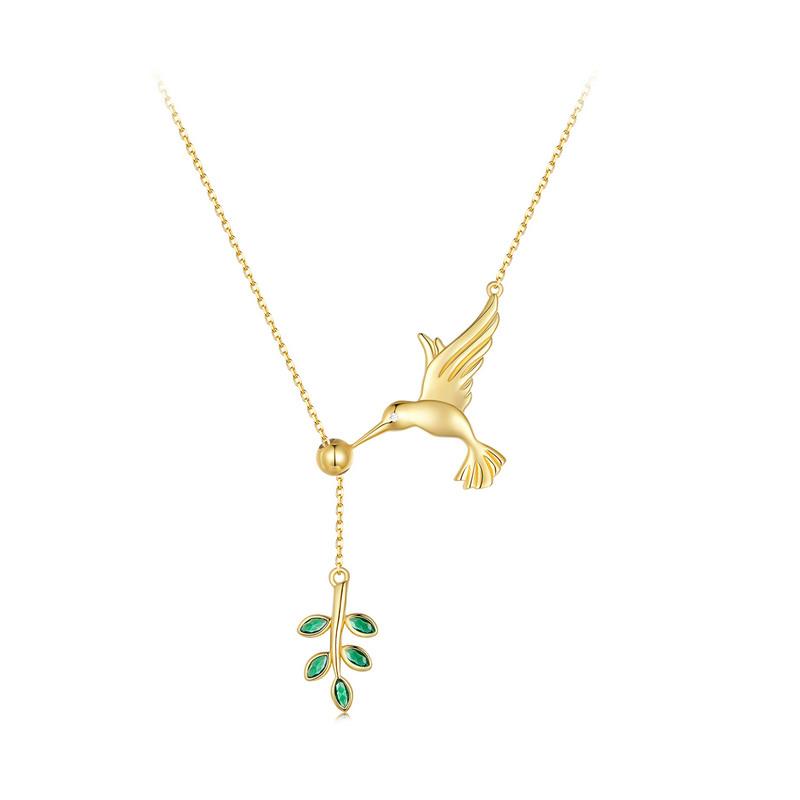 

Sterling Silver Hummingbird Pendant Necklace Green Leaf Adjustable Chain 14K Gold Plated for Women Fine Jewelry золотой