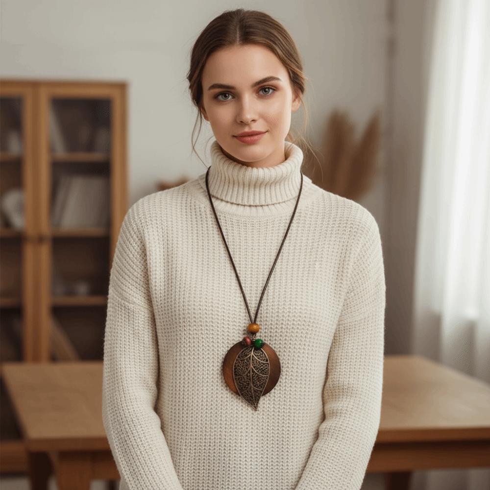 Hohle Blätter Pulloverkette Boho Pullover Halskette Vintage Holzanhänger Halskette für Damen Herren
