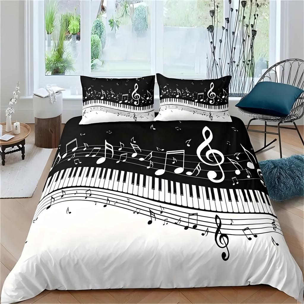 Piano Key Keyboard 3D Printed Quilt Cover Set Soft Home Textiles Bedding Cover Pillowcase Black White Note Style Duvet Cover Set