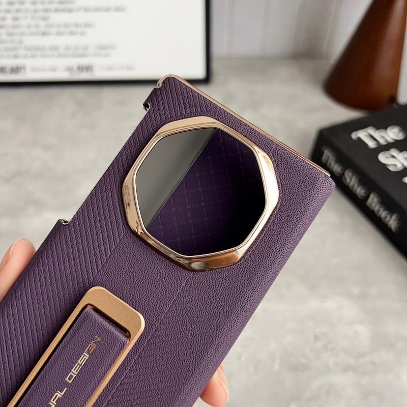 Luxury Dual Strap Leather Case For Huawei Mate XT XTs Dual Hinge Protection Metal Rotatable Stand Smart View Window Full Cover
