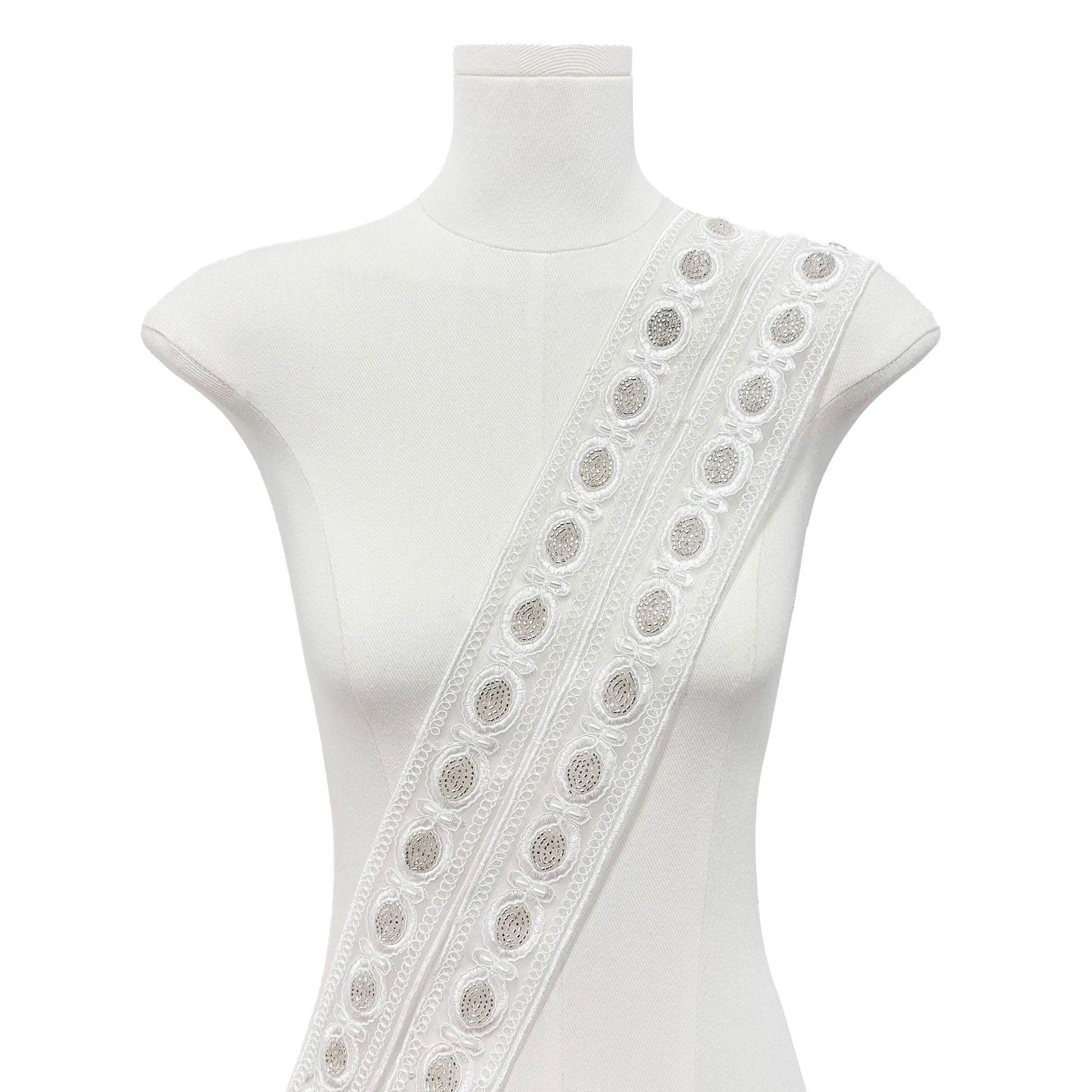 

White Handmade Beads Strand Embroidery Barcode Ethnic Style Clothing Cuffs Belt Neckline Decorative Lace TZP01 white one size