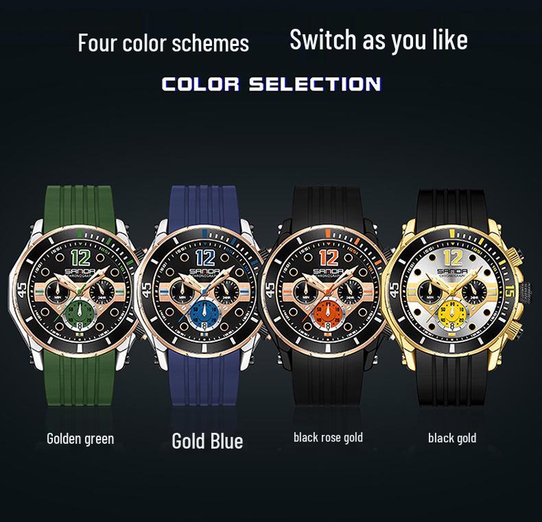 Sanda Men's Quartz Watch - Fashionable, Waterproof, Multifunctional Design with Three Dials and Date Display.