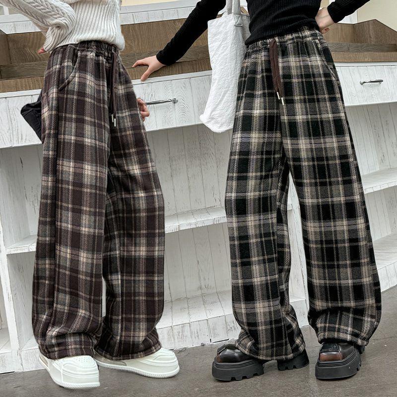 2025 Autumn/Winter Girls' Fashion Plaid Wide-Leg Barrel Pants - Stylish Casual Trousers for Kids