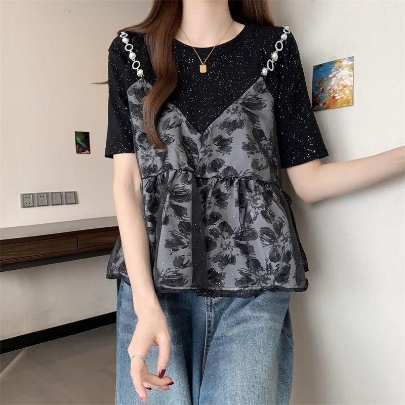 Summer French and Western Style Fake Two Short Sleeved T-shirts for Women's Unique Tops