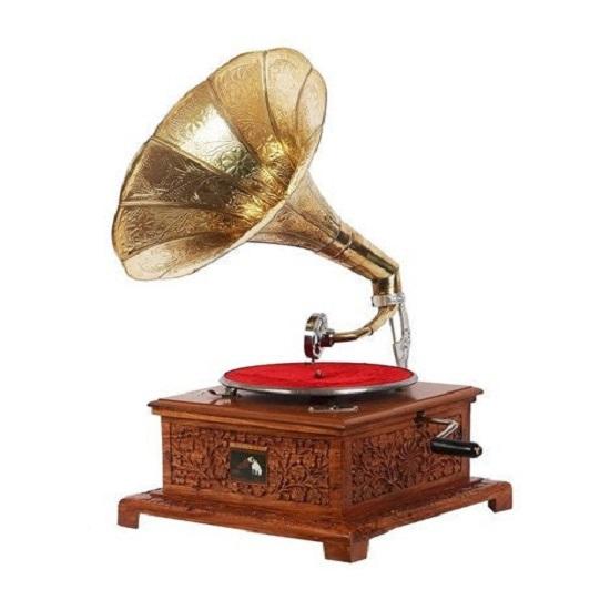 Mosaz a dřevo Zlatý gramofon Vintage gramofony Gramofon Jehla Květinová řezba Vintage gramofon