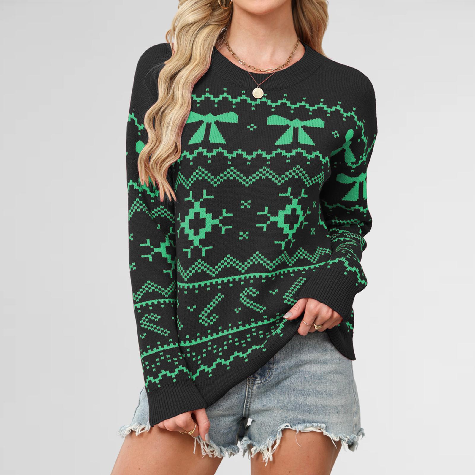 

Women s Fashionable Round Neck Long Sleeved Christmas Snowflake Sweater Casual Pullover Knitted Sweater Top M чёрный