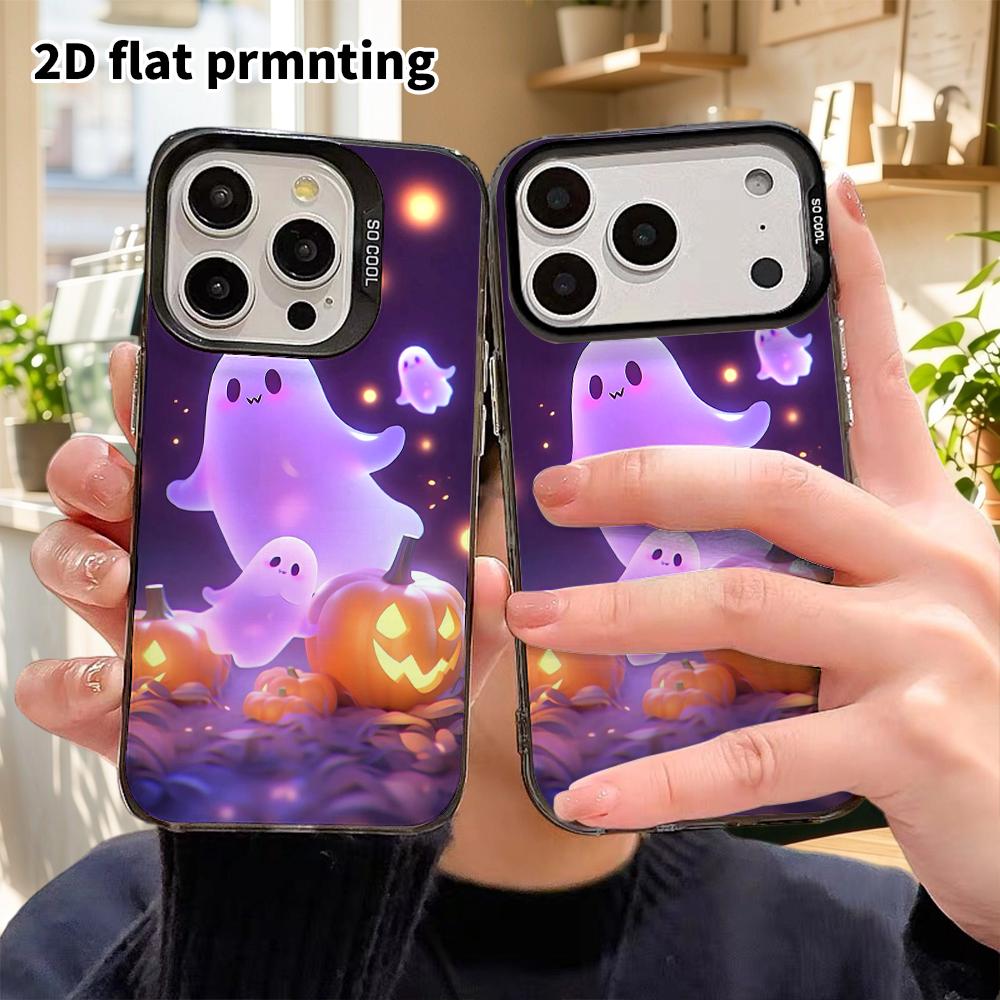 Phone Case: 2D flat design suitable for iPhone 18, 17, 16, 15, 14, 13 Pro, color silver protective case, couple style, jelly ghost, Christmas and Hall