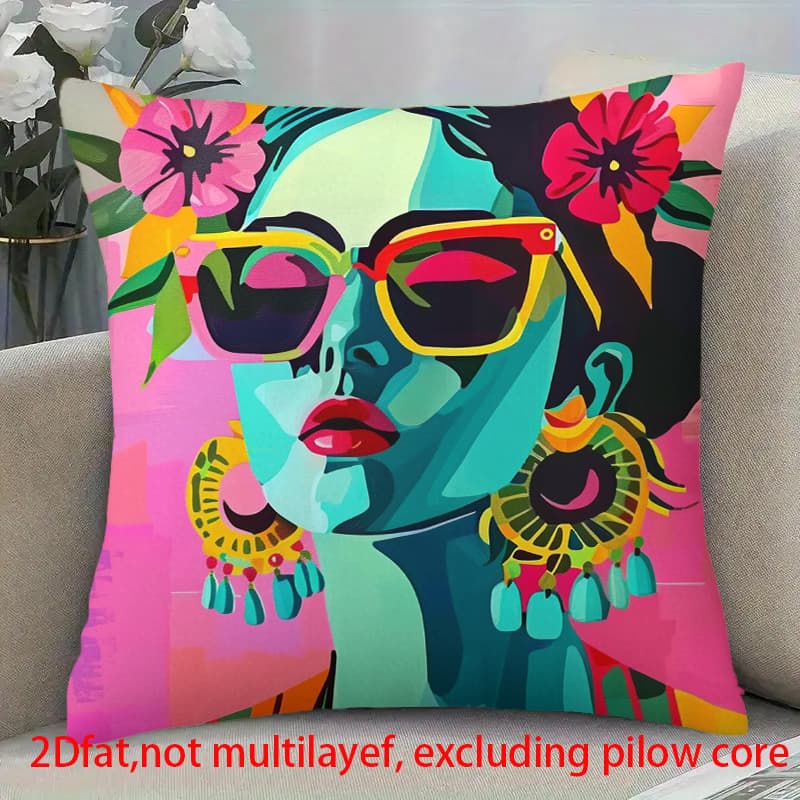 1pc Modern Pop Art Female Portrait Pillowcase - Retro Sixties Cushion Cover with Zipper Closure, Pink Turquoise Suitable for Sofa Bed Living Room Deco
