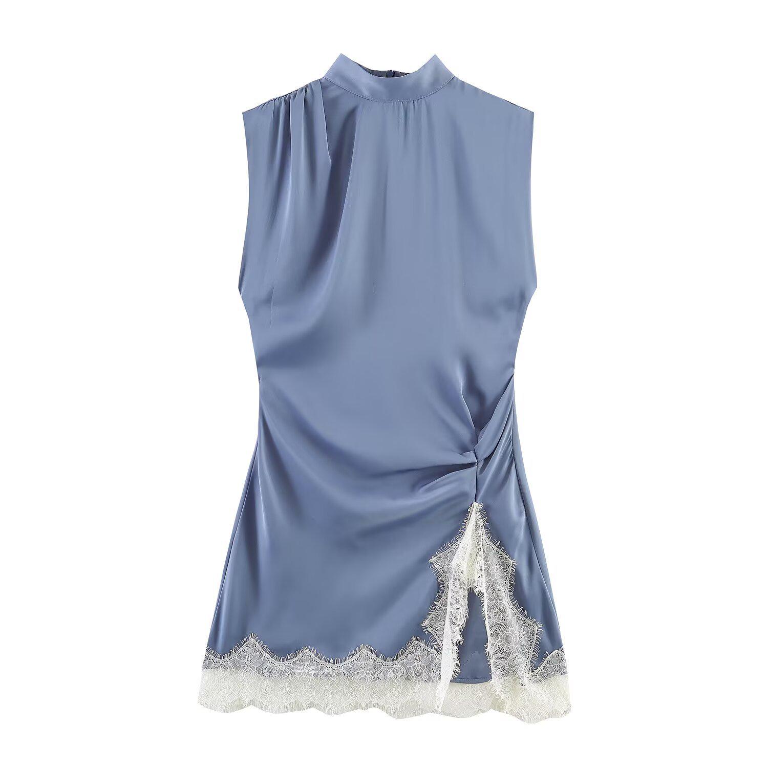 Spring 2026 European & American Style Fashion Waist-Cinching Lace Patchwork Mini Dress Small
