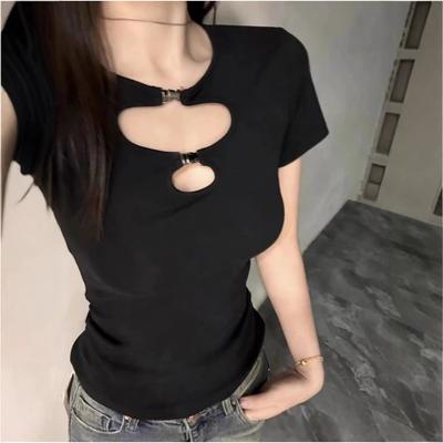 Neues Sommer Nischen Sexy Hollow Kurzarm T-Shirt für Damen Schickes Basic Shirt Schulter Reines Erotisches Top