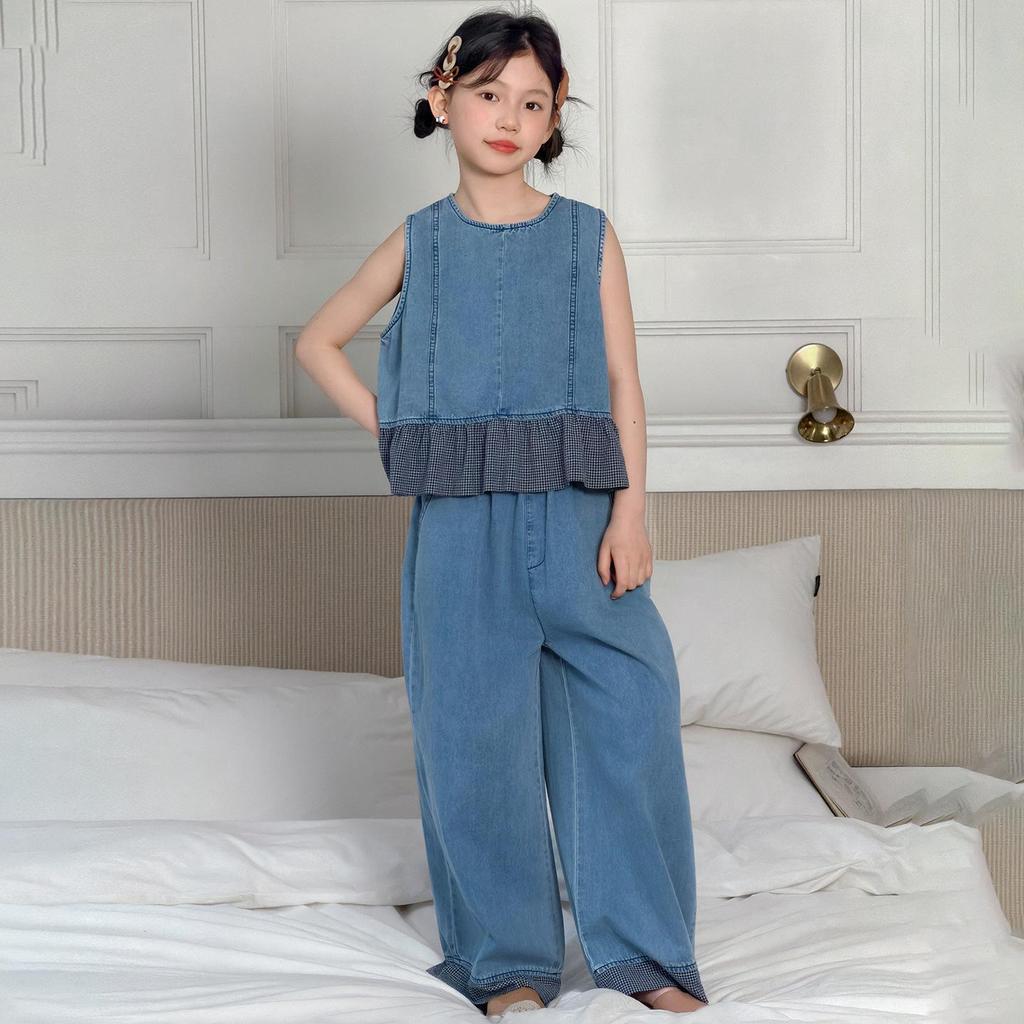 Girls' Summer Denim Plaid Lace Two-Piece Set: Sleeveless Vest & Wide-Leg Pants, Korean Style