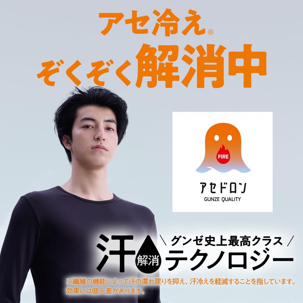 Gunze Standard Fire Acedron Lightweight Short Sleeve Winter Warm Black V-Neck Men's