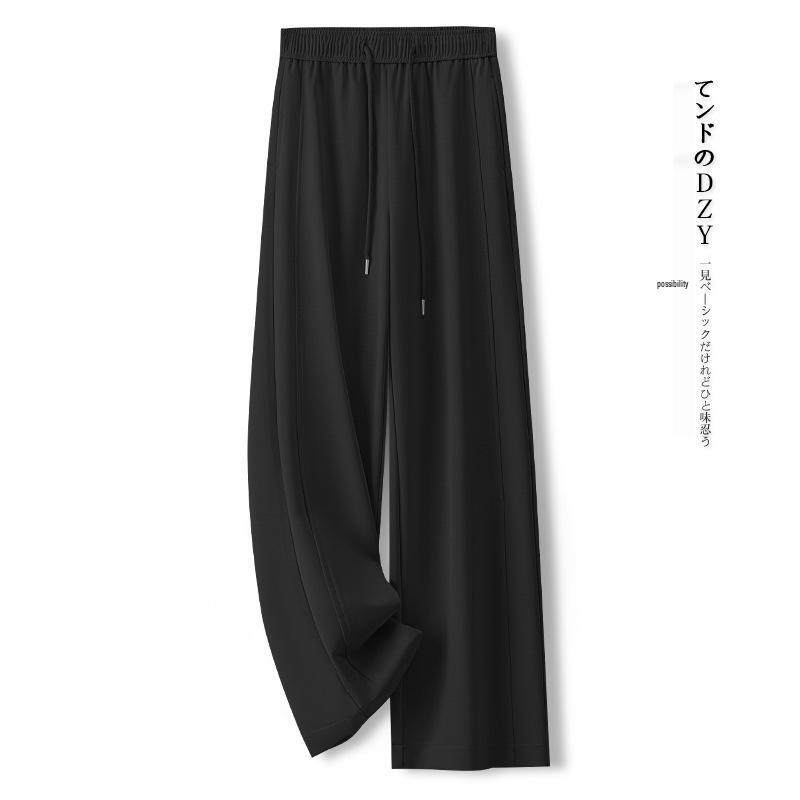 

Женские летние брюки из желтого ледяного шелка с широкими штанинами и высокой посадкой - Длина в пол, Свободные, Легкие, Прямые штанины. 29/XL (Recommended 115-125 jin) чёрный