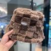 Plaid Checkered Women Bucket Hat Faux Fur Adjustable Checkered Basin Hat Warm Thicken Lamb Wool Fisherman's Hat