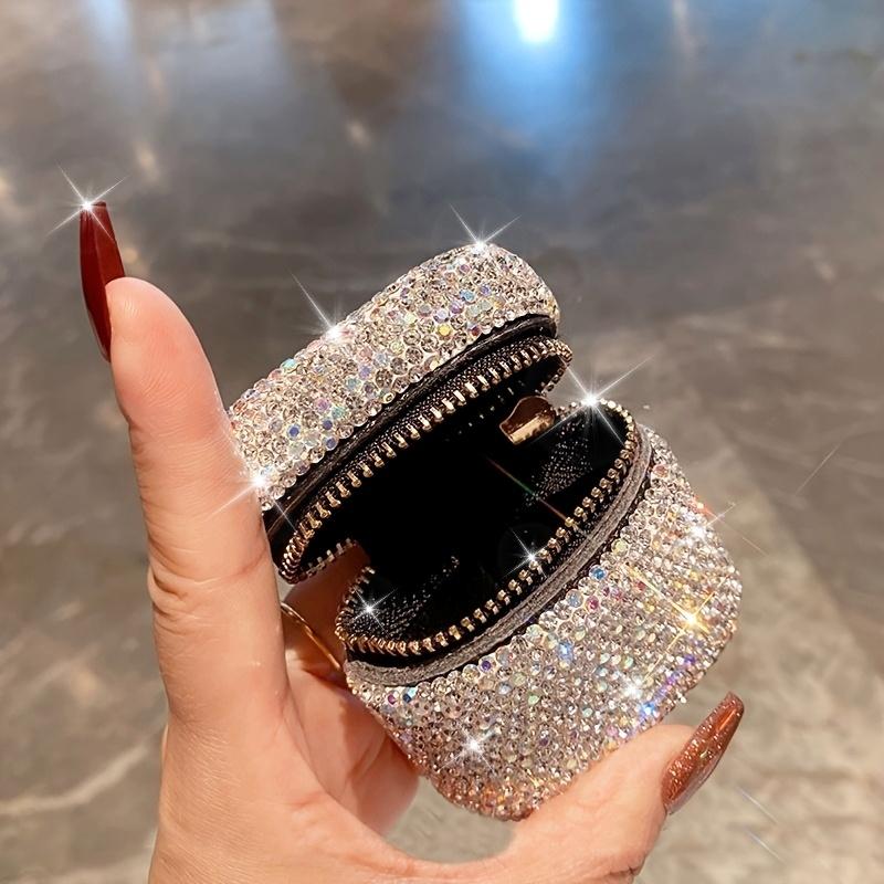 Genuine Leather Mini Pouch with Rhinestones Detachable Chain for Bag Charm Keychain Portable Earphone Case Lipstick Holder