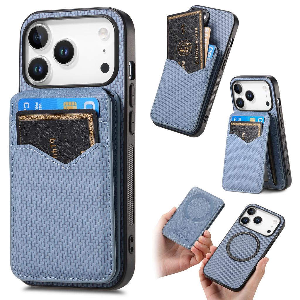 For iPhone 17 Pro Magnetic Case Carbon Fiber Texture Back Cover with Detachable Card Holder
