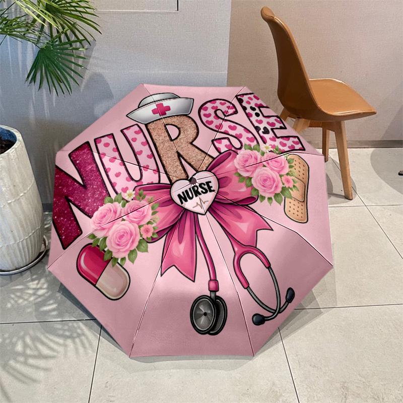 Nurse-Themed Automatic Umbrella with One-Button Opening/Closing - Floral Design, 8-Rib Durable Frame, Compact & Portable for T