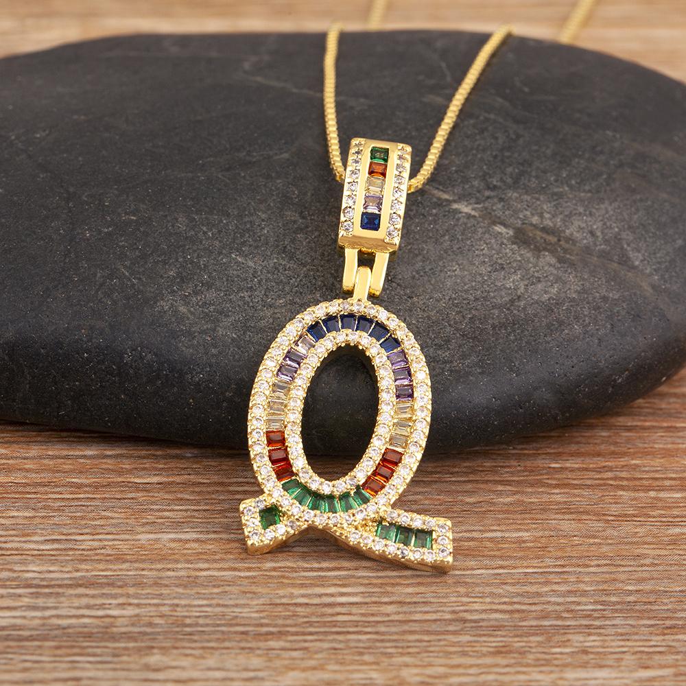 Nidin Simple Fashion 26 A-Z Letters Alphabet Rainbow Cubic Zirconia Pendant Necklace For Women Men Hip-Hop Style Copper Jewelry