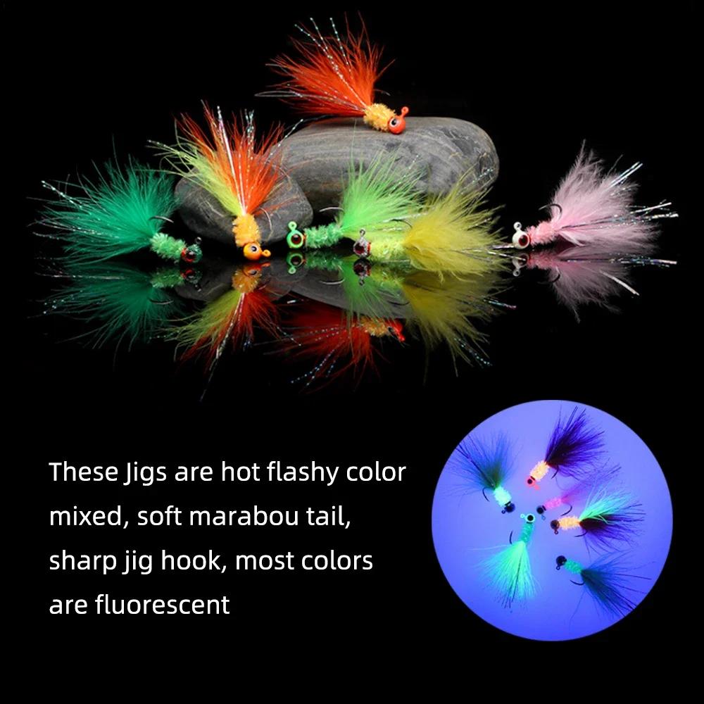6 STÜCKE 6 Farben Marabou Crappie Jigkopf Haken Eisfischen Panfish Sonnenfisch Forelle Walleye Angelköder Haken