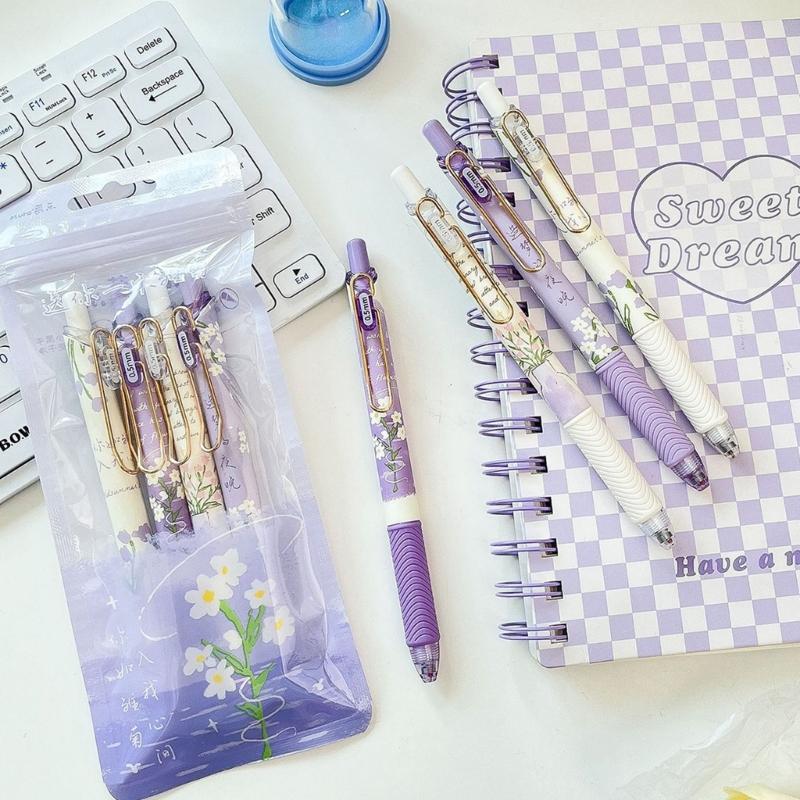 4PCS Flower Print Gel Inks Pen Retractable Gel Pen with Metal Clip Ergonomic Grip 0.5MM Tip Black Inks for Office School