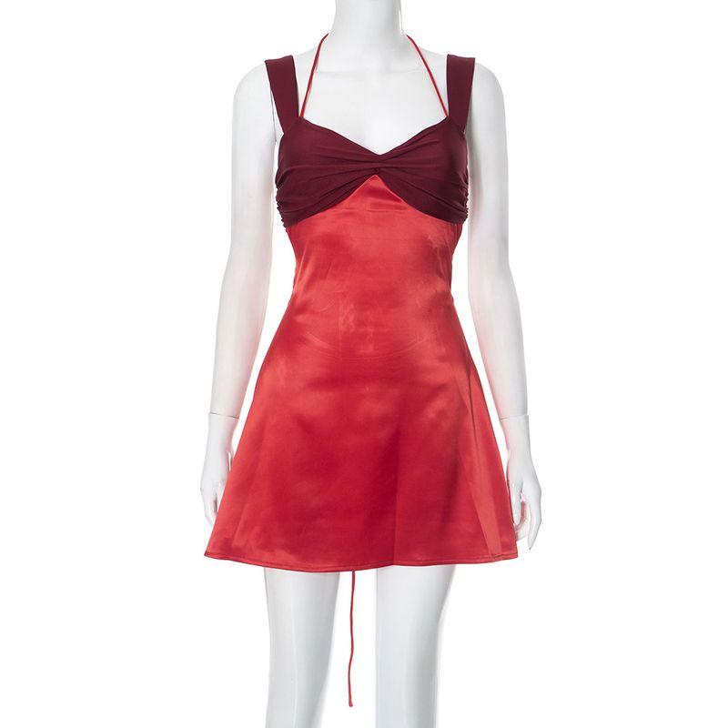 

Outfitgirl Blue Scheming Female Sexy Pure Desire V-neck Lace-up Backless Halter Dress Women s Bag Hip Skirt Red L