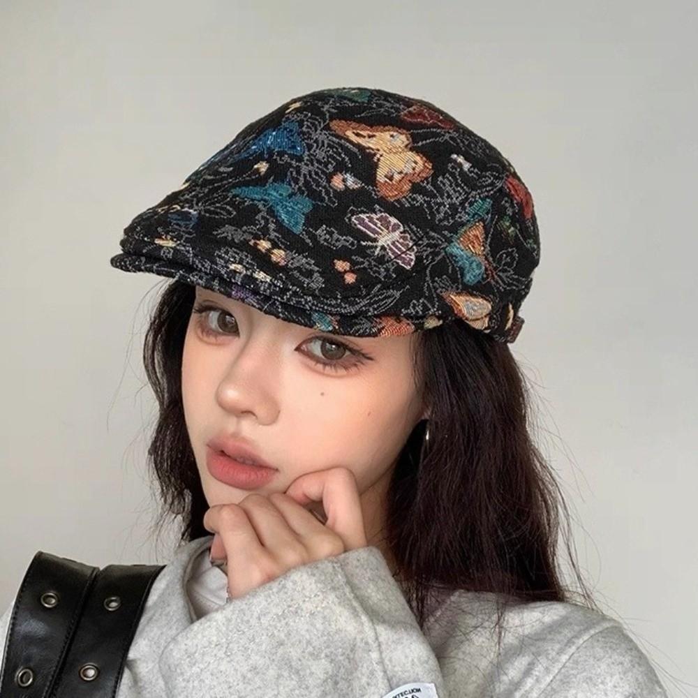 Reversible Design Retro Newsboy Cap Vintage Butterfly Embroidered Beret  Artistic Occasions