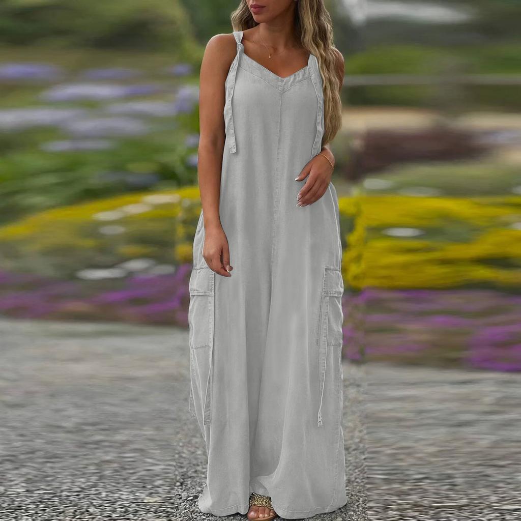 Women's Fashion Casual Loose Pocket V-Neck Colour Jumpsuit