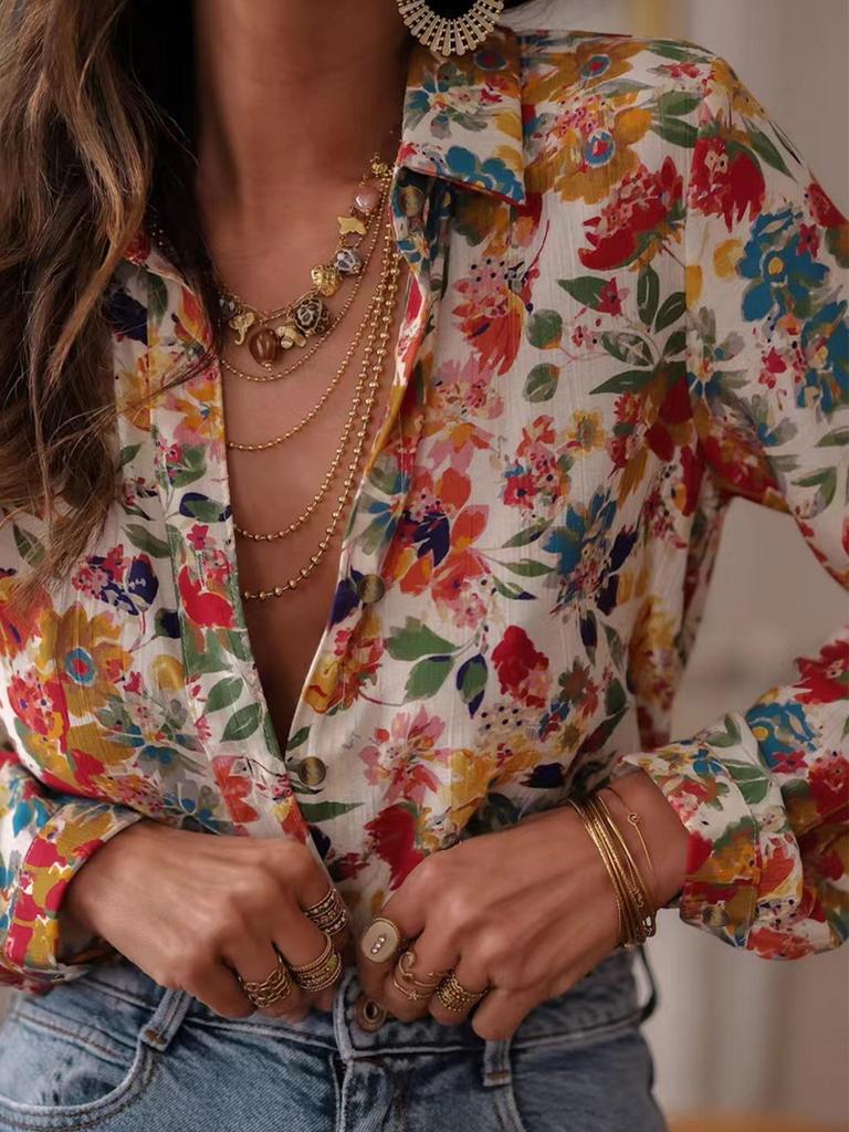 European Summer Casual Women's Long Sleeve Printed Lapel Shirt