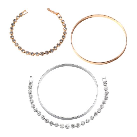 2 Pcs/Set Women Bracelet Set Rhinestone Decor Luster Electroplated Alloy Daily Dating Party Bangle Lady Wrist Jewelry