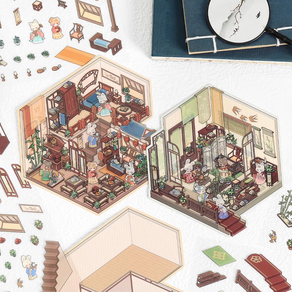 Mini 3D Szenen Sticker Pack Kawill Cartoon Tier Retro Chinesischer Innenhof Teich Arbeitszimmer Szene Sticker DIY Szenen Sticker