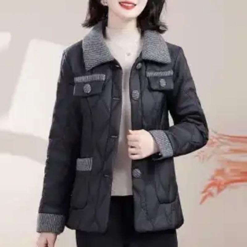 Short Color-blocked Cotton Coat for Women Thickened and Warm Autumn Winter Lapel Pocket Button Cardigan Fashionable Coat Top