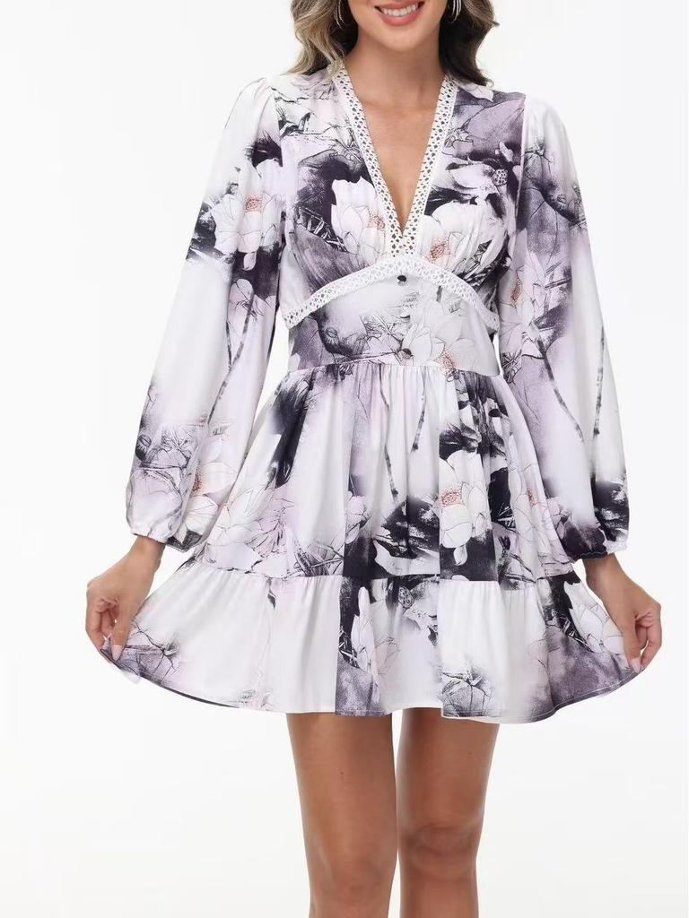 2025 Spring Sweet Print V-neck Lace Short Dress for Women