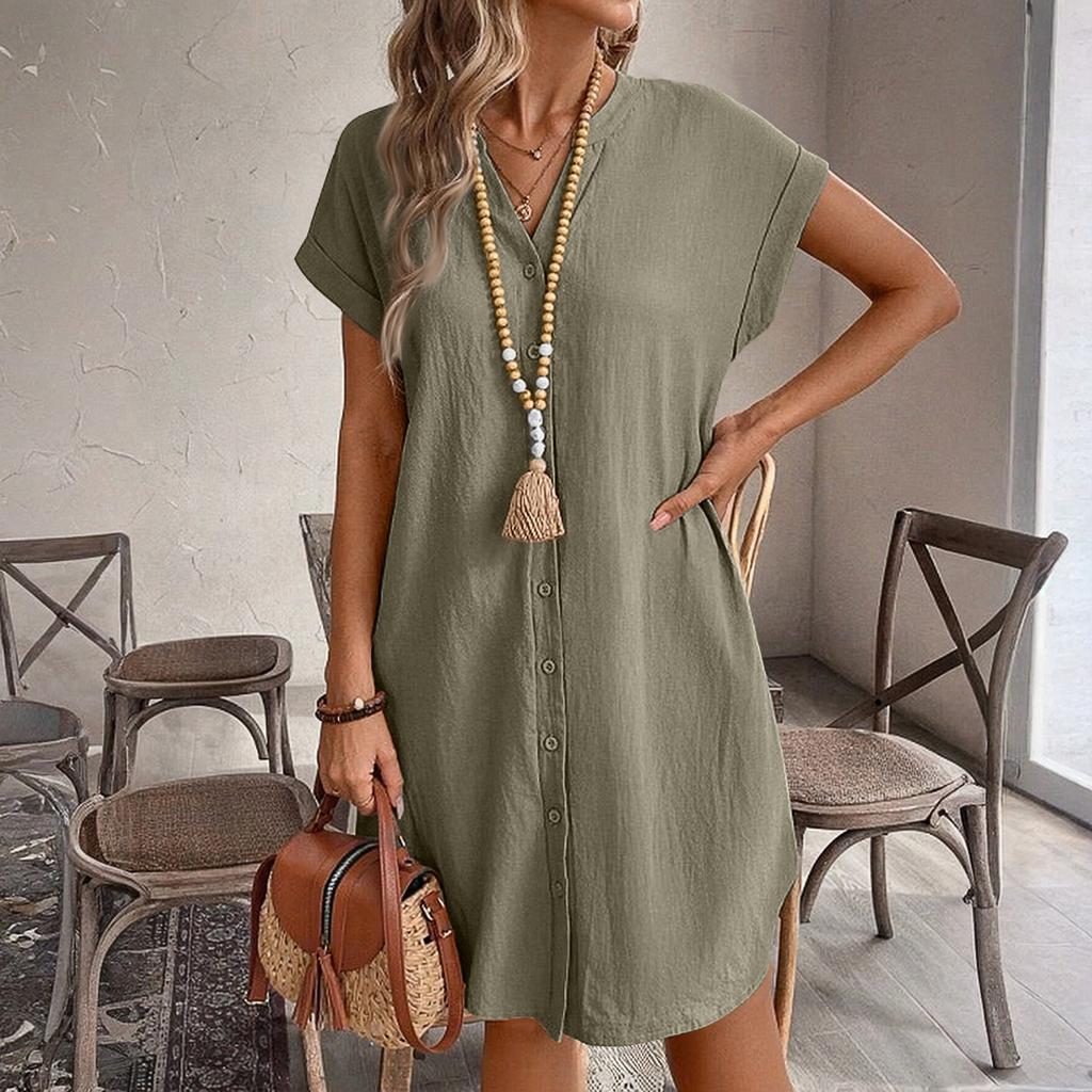 Ladies' Loose And Comfortable Summer Color Cotton Linen V-neck Button Up Dress