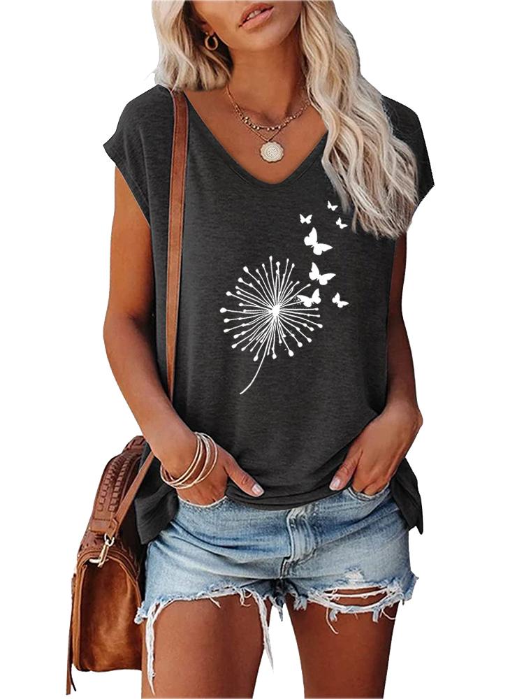 Women Fashion T-shirt Summer V Collar Print Short Sleeve Top Ladies Casual Tee Shirt