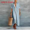Spring Female Collared Cotton Linen Dress With Zipper For Travel And Office