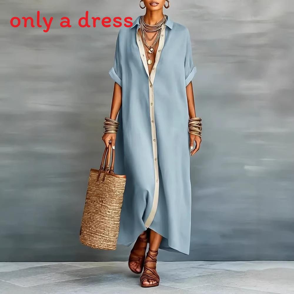Spring Female Collared Cotton Linen Dress With Zipper For Travel And Office