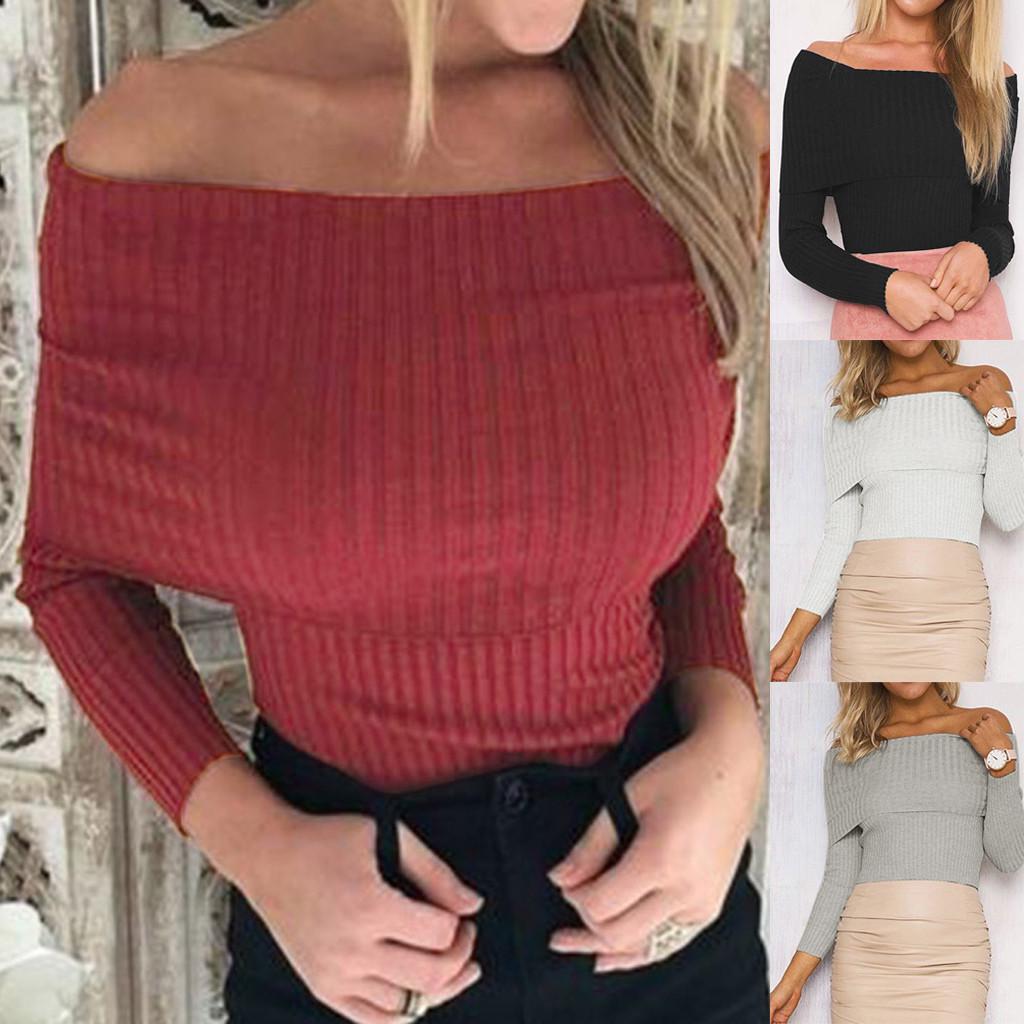 

Новый женский женский джемпер в рубчик с открытыми плечами и длинными рукавами