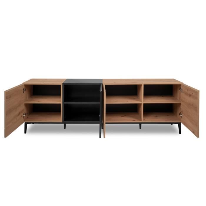 Buffet Bas / Meuble TV NOLA - Décor chêne et noir - 4 portes - L 200 x P 42 x H 65 cm
