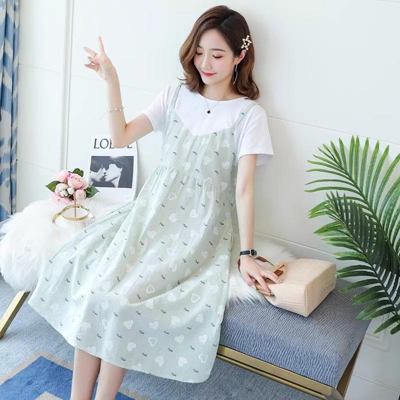 Korean Style Maternity Dress - Loose, Large Size, Medium To Long, Knee-Length Two-Piece for Summer & Autumn