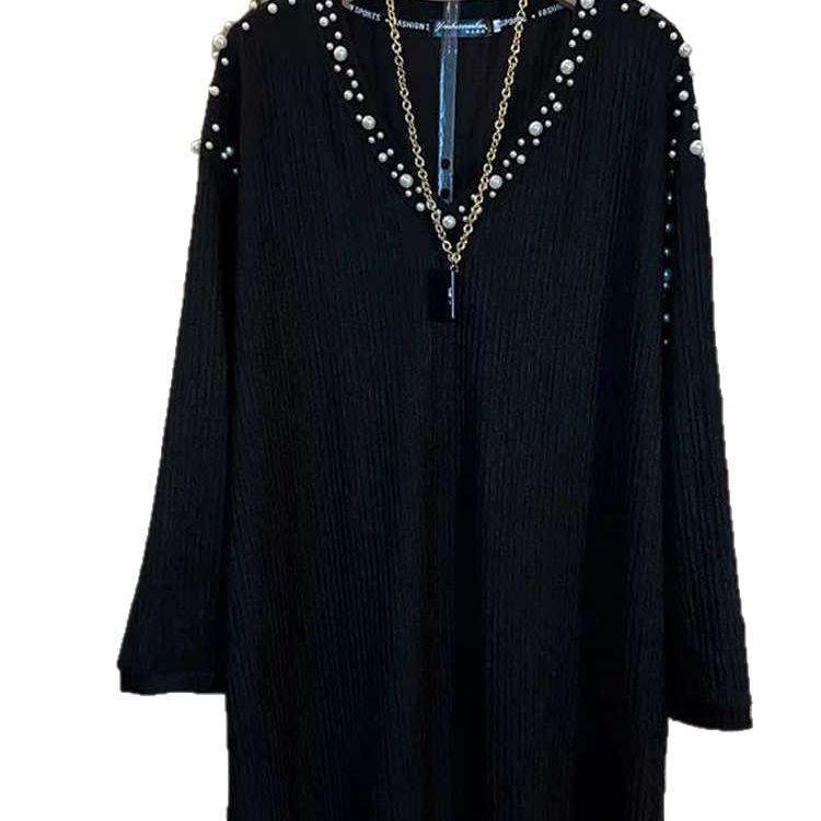 Plus Size Beaded Textured Long Sleeve Top - Women's Autumn/Winter Slimming Base Layer