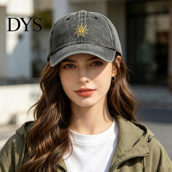 Travel Baseball Cap Embroidery Sun Pattern Hat, Adjustable Back Buckle Retro Distressed Washed Cotton Hat Style Cap, Fabric Outdoor Sunshade