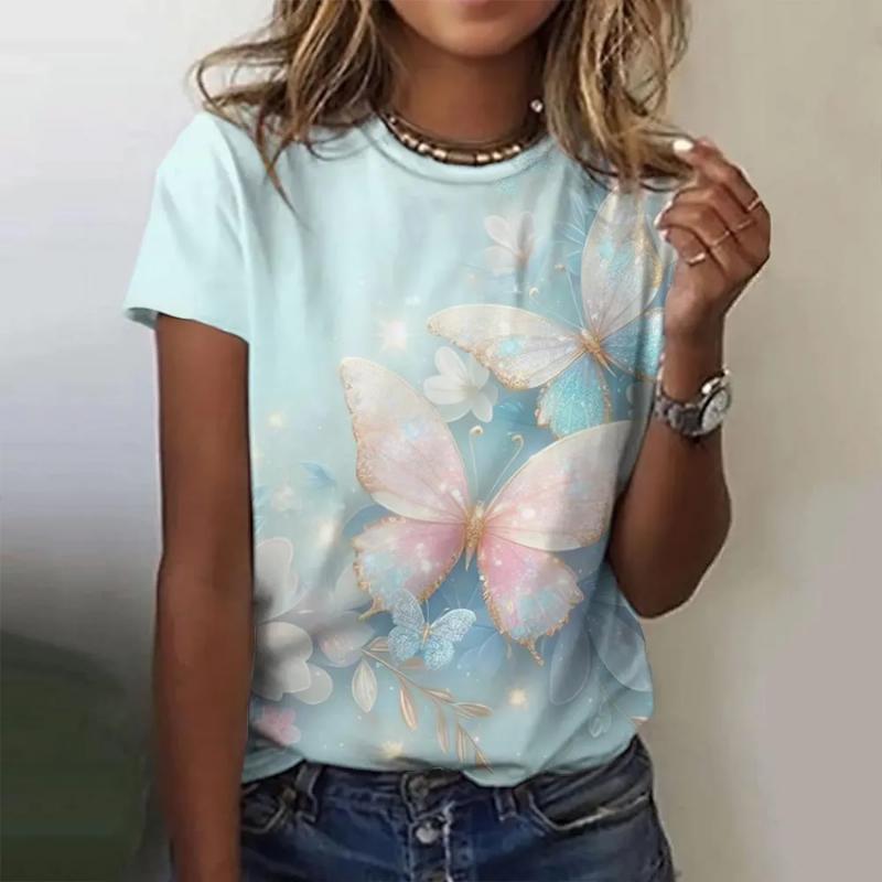 Fashion Women's Crew Neck T-Shirt 3D Flower Color Printing Crew Neck Short Sleeve