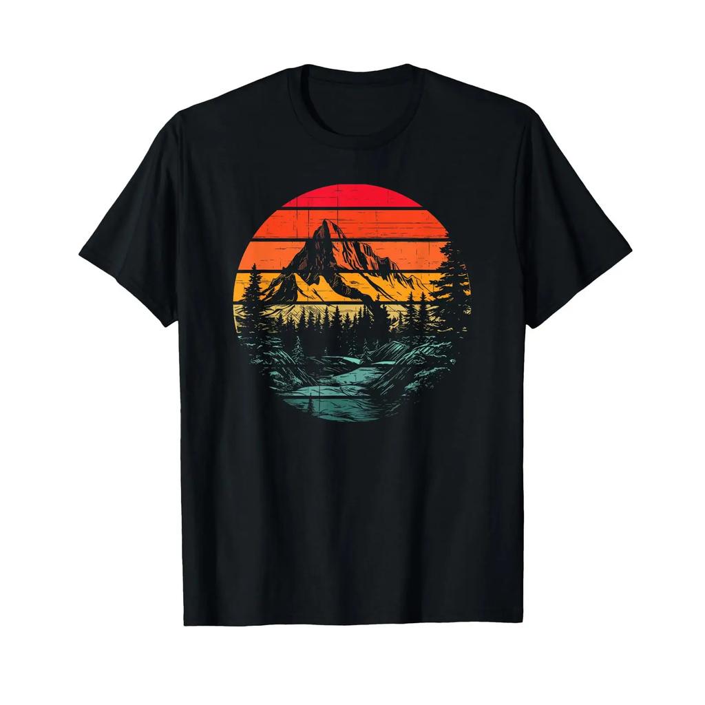 Forest Mountain Outdoors Nature Wildlife Trees Retro Hiking T Shirt Black Vintage Casual Top For Everyday Wear Slightly
