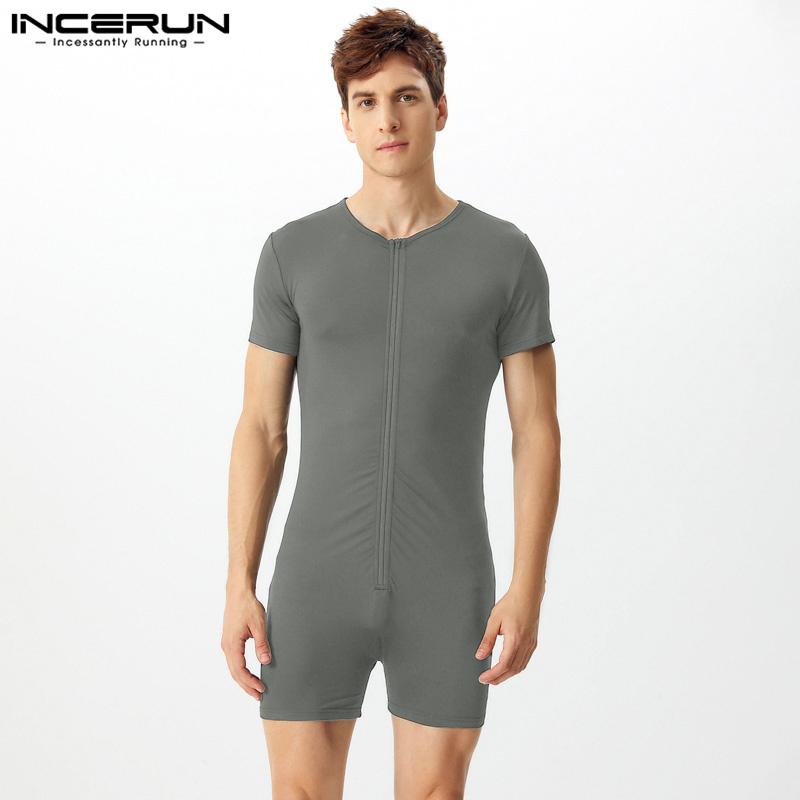

INCERUN Летние мужские комбинезоны с коротким рукавом и застежкой-молнией спереди, пижамы, домашняя одежда M серый