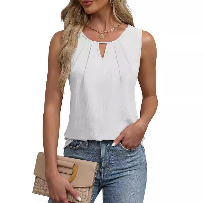 Summer Pleated T-shirt Chiffon Hollow Sleeveless Top