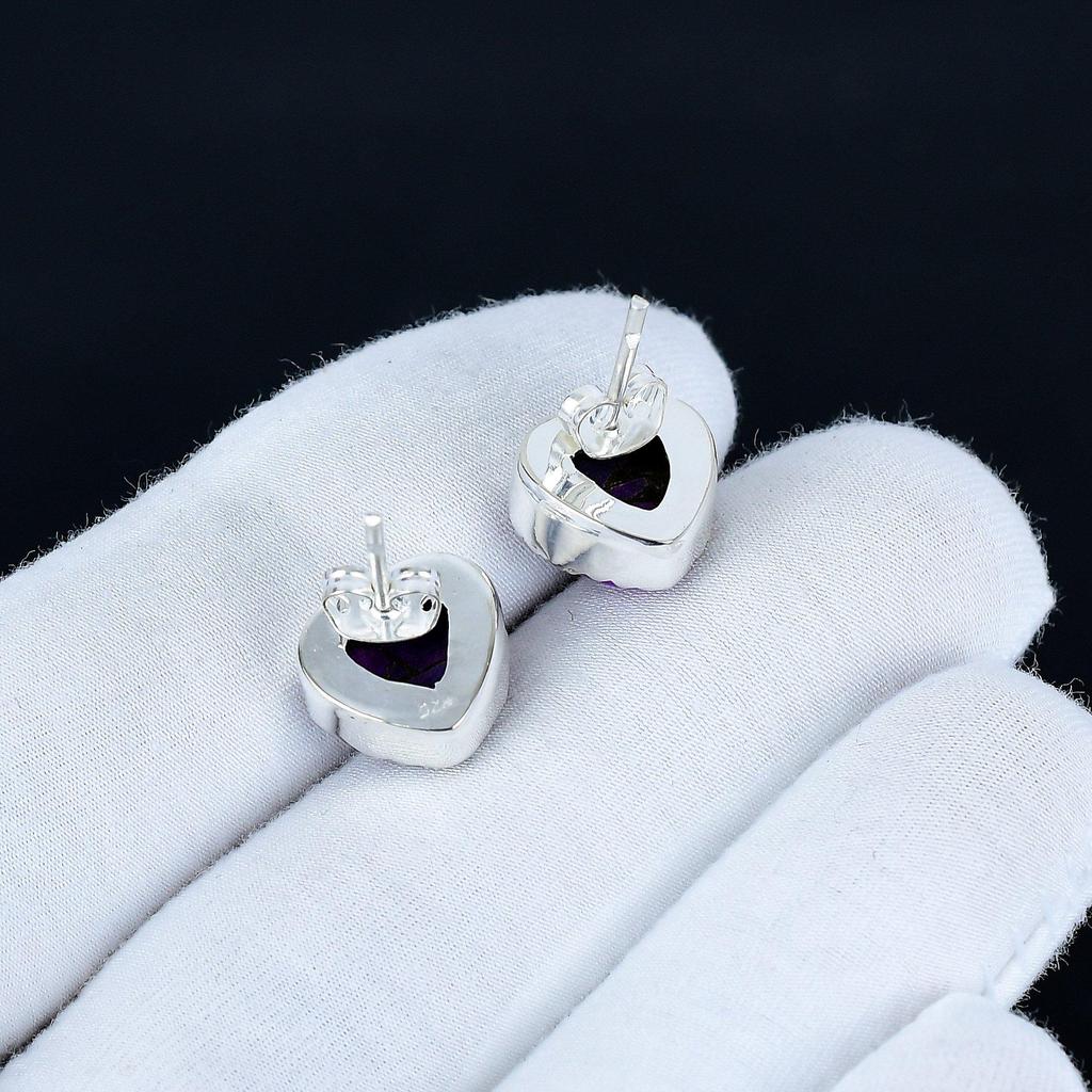 Purple Spiny Turquoise Earrings | 925 Sterling Silver Stud Earrings | Handmade Gemstone Love Studs Heart Earrings | Boho Jewelry Birthday Gift
