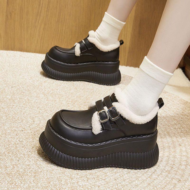 Fleece loafers women's 2025 new autumn and winter warm fluffy shoes versatile height-increasing small leather shoes muffin platform cotton shoes
