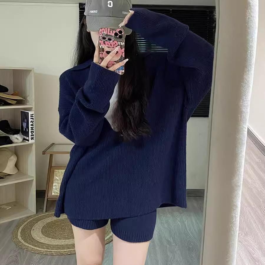 Women's Relaxed V-neck Sweater & Shorts Set - Autumn/Winter Casual Knit Two-piece