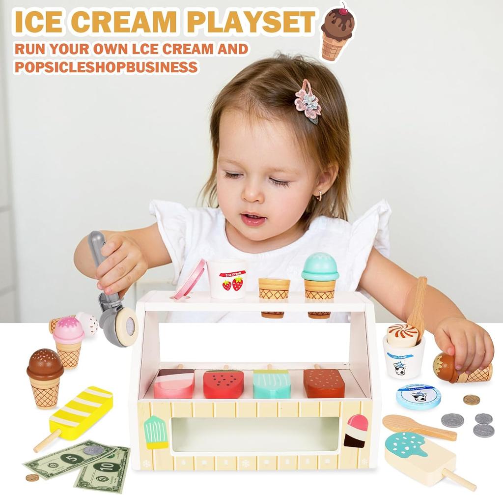 Toys Playset Toys Accessories Wooden Pretend Simulation Ice Cream Counter Pretend Play Kitchen Montessori Learning Toy for Kids