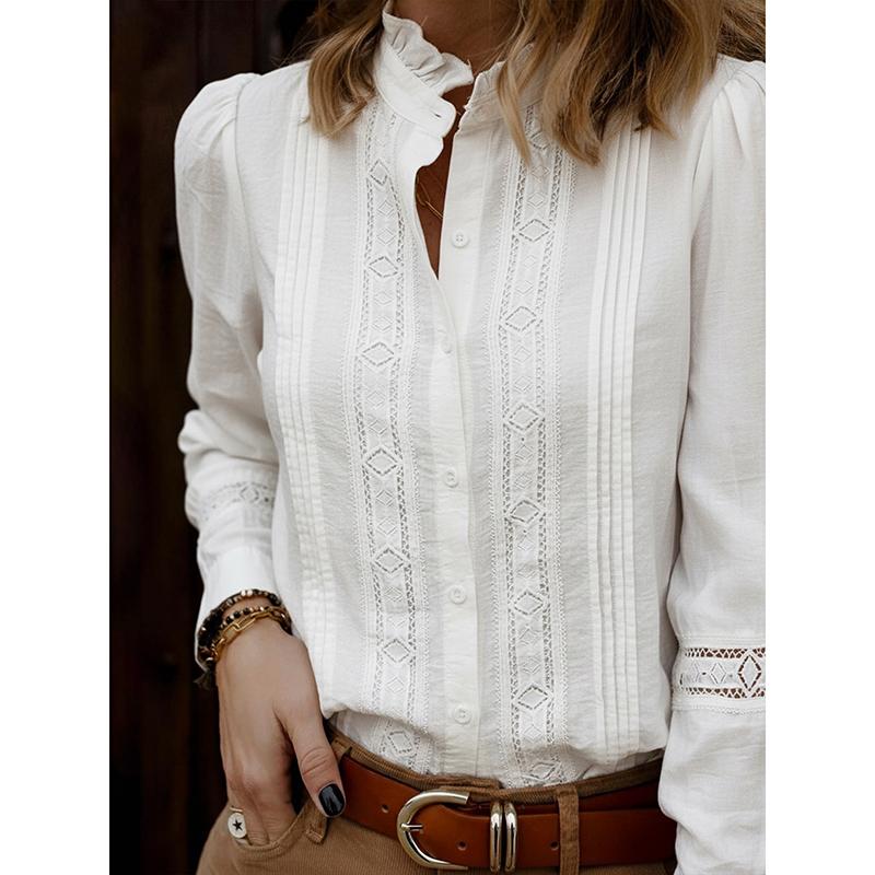 Spring Autumn New Elegant Artistic Style Lace Splicing Stand Up Collar Long Sleeve White Shirt For Women Blusas Femininas